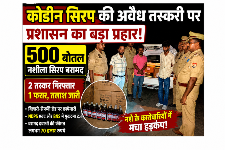 “कोडीन सिरप तस्करी पर प्रशासन का बड़ा प्रहार! 500 बोतल नशीला सिरप बरामद, दो गिरफ्तार”